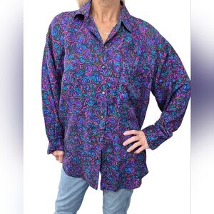 Vintage 90s Punch 100% Silk Oversized Floral Shirt M | Dark Academia Boho Grunge